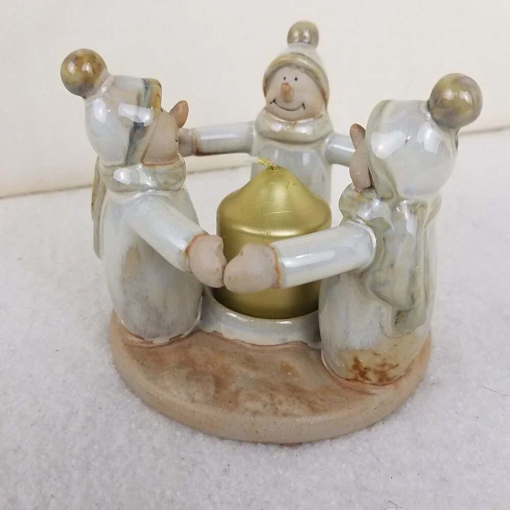 Ceramic circle‎ three snowmen friends candle holder votive glazed Winter holiday